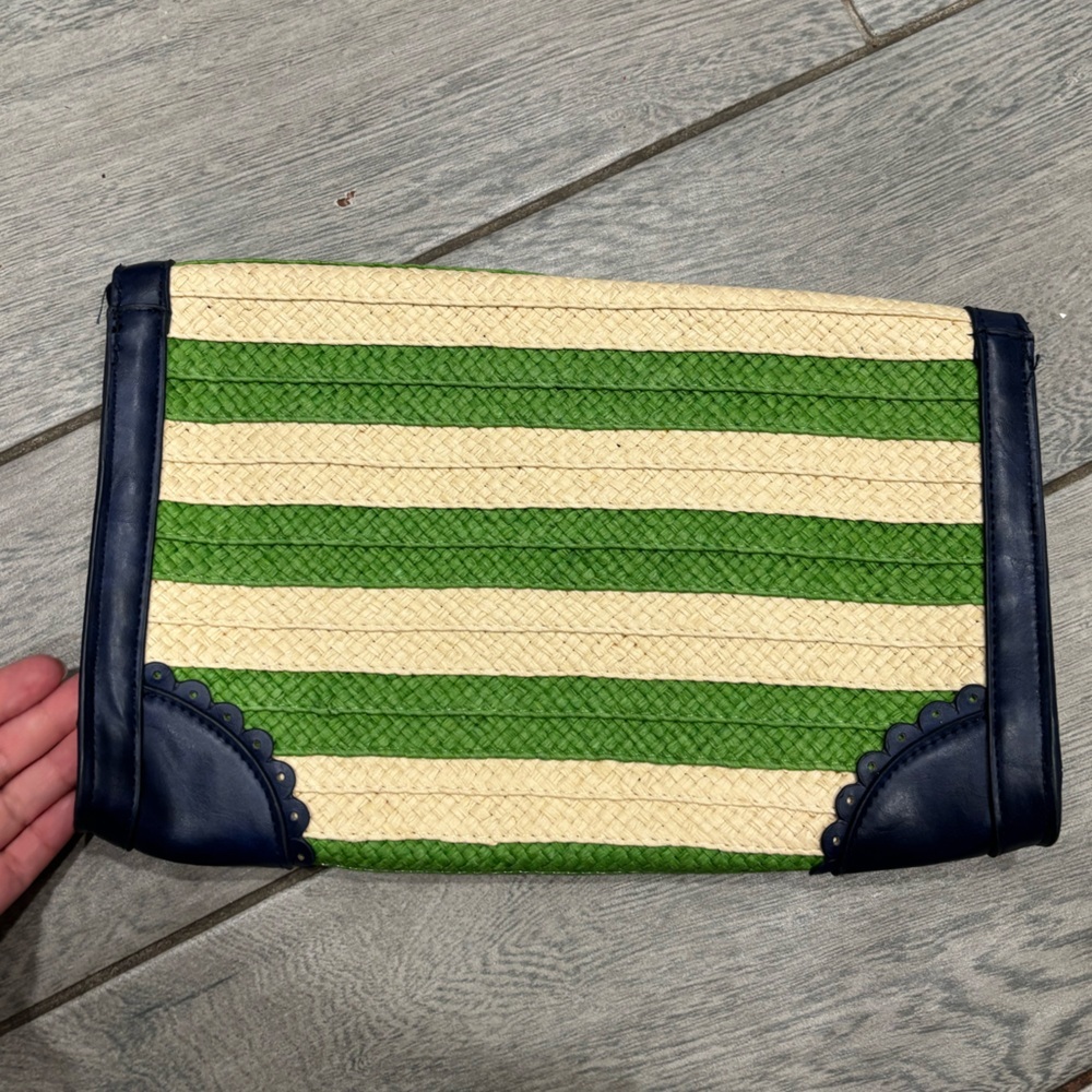 Mudpie Straw Clutch Handbag Envelope Purse Woven Blue Green Stripe Beach - Picture 2 of 7